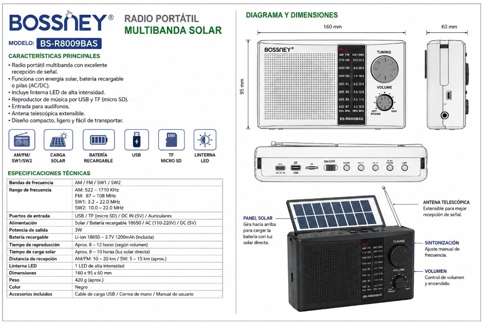 Radio Portátil Bossney Bs-r8009bas Solar Bluetooth Am/fm/sw1 - Imagen 3